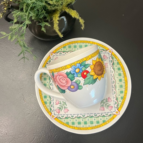 MARY ENGELBREIT Vintage HTF Bloom Where You Are Planted Tea CUP & SAUCER SET - Picture 1 of 7